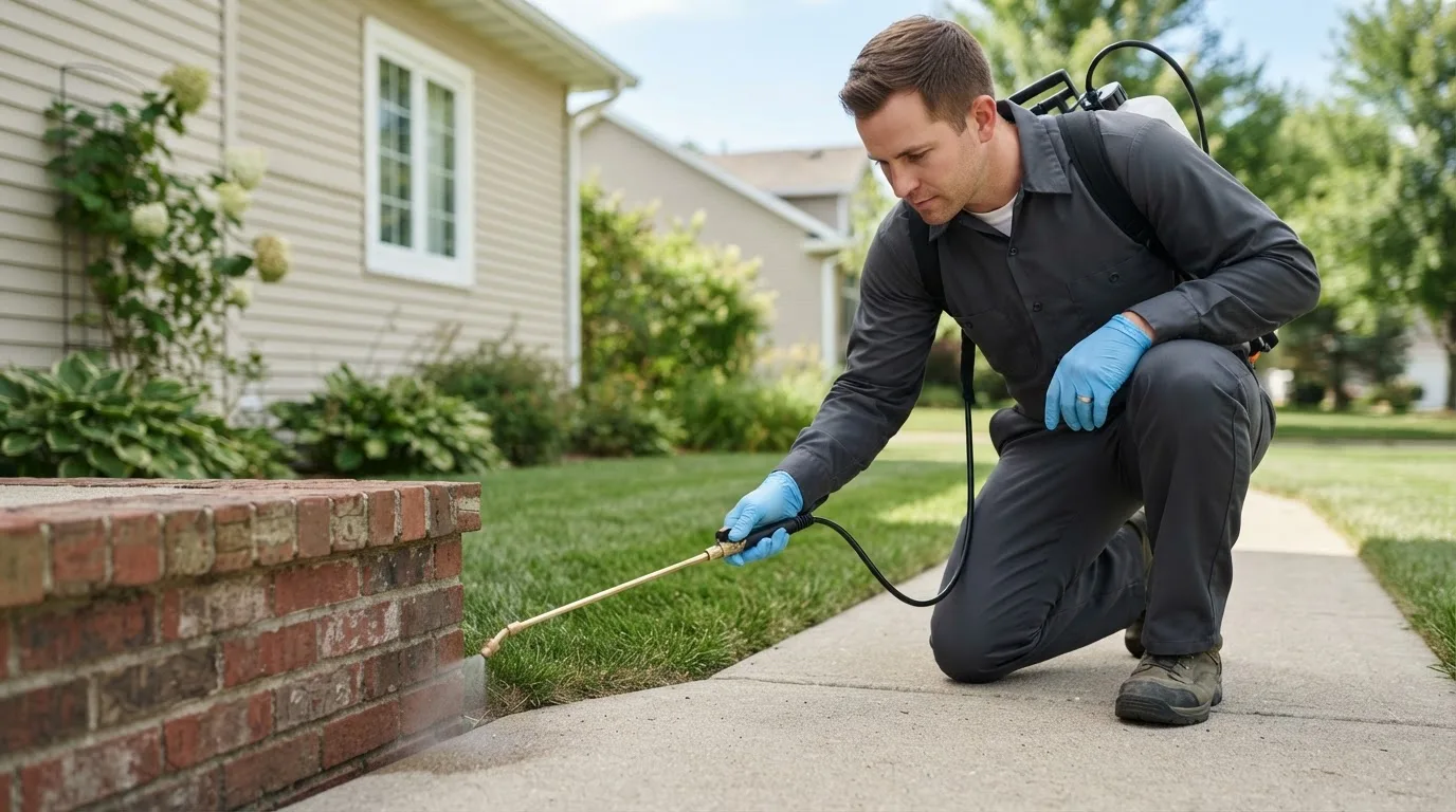 Pest control technician treating a home near Elmira, NY
